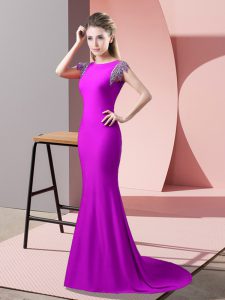 Fuchsia Mermaid Beading Evening Gowns Backless Elastic Woven Satin Short Sleeves