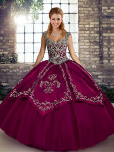Stylish Tulle Straps Sleeveless Lace Up Beading and Embroidery Quinceanera Gown in Fuchsia