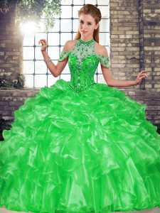 Fashionable Green Lace Up Quinceanera Dress Beading and Ruffles Sleeveless Floor Length