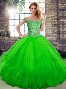 Ideal Sleeveless Floor Length Beading and Ruffles Lace Up Quince Ball Gowns with Green