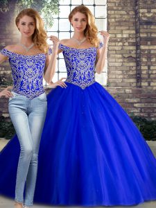 Royal Blue Two Pieces Beading Quinceanera Gowns Lace Up Tulle Sleeveless