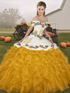 Sleeveless Organza Floor Length Lace Up Vestidos de Quinceanera in Gold with Embroidery and Ruffles