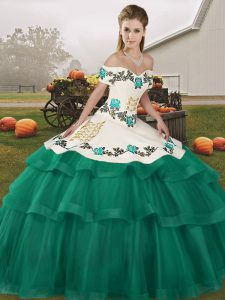 On Sale Off The Shoulder Sleeveless Brush Train Lace Up Quinceanera Dresses Turquoise Tulle