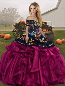 Fuchsia Lace Up Off The Shoulder Embroidery and Ruffles Ball Gown Prom Dress Organza Sleeveless