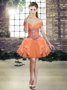 Orange Lace Up Evening Dress Beading and Ruffles Sleeveless Mini Length