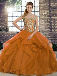 Orange Ball Gowns Beading and Ruffles 15th Birthday Dress Lace Up Tulle Sleeveless