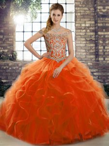 Sleeveless Brush Train Beading and Ruffles Lace Up 15th Birthday Dress