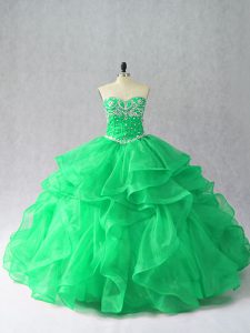 Floor Length Green Quinceanera Gown Organza Sleeveless Beading and Ruffles