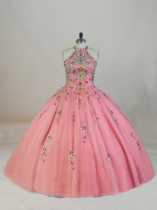 Colorful Pink Quinceanera Dress Halter Top Sleeveless Brush Train Lace Up