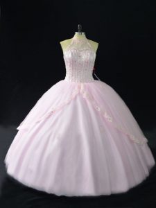 Fantastic Pink Ball Gowns Tulle Halter Top Sleeveless Beading and Appliques Sweet 16 Quinceanera Dress