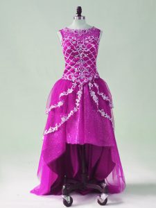 Vintage A-line Prom Gown Fuchsia Scoop Tulle Sleeveless High Low Zipper