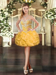 Gold Sweetheart Lace Up Beading and Ruffles Prom Gown Sleeveless