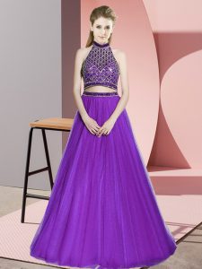 Sophisticated Sleeveless Floor Length Beading Backless Prom Dress with Eggplant Purple