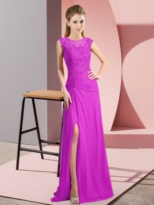 Scoop Sleeveless Prom Dress Floor Length Beading Fuchsia Chiffon