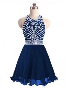 Simple A-line Prom Party Dress Navy Blue Halter Top Chiffon Sleeveless Mini Length Lace Up