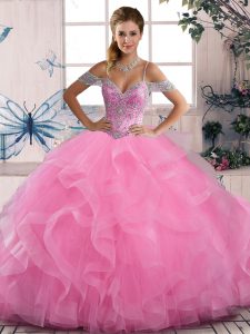 Inexpensive Off The Shoulder Sleeveless Vestidos de Quinceanera Floor Length Beading and Ruffles Rose Pink Tulle