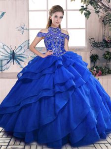 Simple High-neck Sleeveless Lace Up Quinceanera Dress Royal Blue Organza