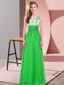 Exquisite Green Sleeveless Floor Length Appliques Backless Dama Dress for Quinceanera