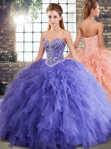 Low Price Lavender Tulle Lace Up Sweetheart Sleeveless Floor Length Quinceanera Gowns Beading and Ruffles
