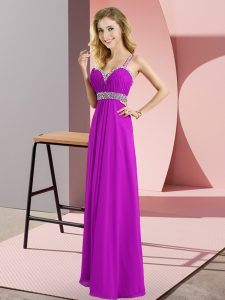 Purple Empire Chiffon Straps Sleeveless Beading Floor Length Criss Cross Homecoming Dress