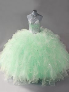 Best Halter Top Sleeveless Lace Up Sweet 16 Dress Apple Green Tulle