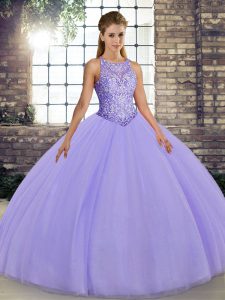 Modest Lavender Tulle Lace Up Ball Gown Prom Dress Sleeveless Floor Length Embroidery