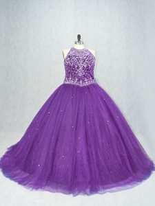 Sleeveless Tulle Brush Train Lace Up 15 Quinceanera Dress in Purple with Beading