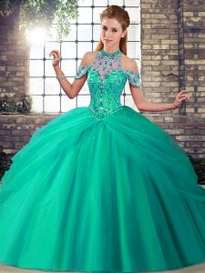 Turquoise Sleeveless Tulle Brush Train Lace Up 15th Birthday Dress for Military Ball and Sweet 16 and Quinceanera