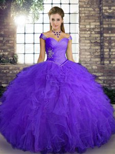 Custom Designed Purple Lace Up 15th Birthday Dress Beading and Ruffles Sleeveless Floor Length