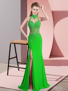 Halter Top Sleeveless Prom Dress Floor Length Lace and Appliques Green Chiffon