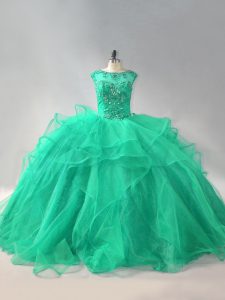 Modern Scoop Sleeveless 15th Birthday Dress Beading and Ruffles Turquoise Organza