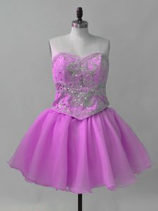 Fantastic Lilac Lace Up Prom Evening Gown Beading Sleeveless Mini Length