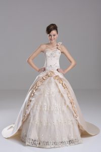 Dynamic Champagne Lace Up One Shoulder Embroidery and Hand Made Flower Quinceanera Dresses Satin Sleeveless Brush Train