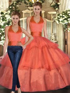 High Class Orange Ball Gowns Organza Halter Top Sleeveless Ruffled Layers Floor Length Lace Up Sweet 16 Quinceanera Dress