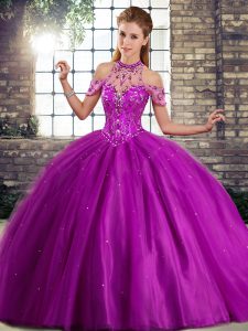 Tulle Halter Top Sleeveless Brush Train Lace Up Beading Sweet 16 Quinceanera Dress in Purple
