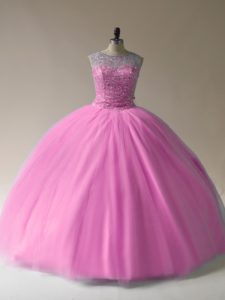 High Quality Baby Pink Sleeveless Tulle Lace Up Ball Gown Prom Dress for Sweet 16 and Quinceanera