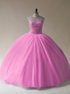 High Quality Baby Pink Sleeveless Tulle Lace Up Ball Gown Prom Dress for Sweet 16 and Quinceanera