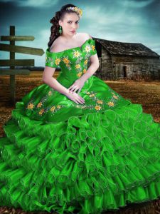 Green Ball Gowns Organza Off The Shoulder Sleeveless Embroidery and Ruffles Floor Length Lace Up Quinceanera Gowns