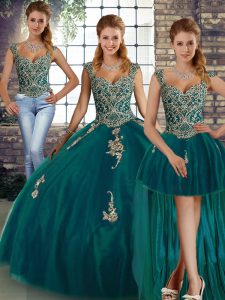Deluxe Peacock Green Three Pieces Straps Sleeveless Tulle Floor Length Lace Up Beading and Appliques 15 Quinceanera Dress