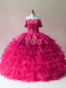 Fancy Fuchsia Lace Up Off The Shoulder Embroidery and Ruffled Layers Sweet 16 Dress Organza Sleeveless