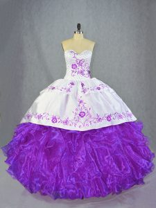 Organza Sweetheart Sleeveless Brush Train Lace Up Beading and Ruffles Quince Ball Gowns in Purple