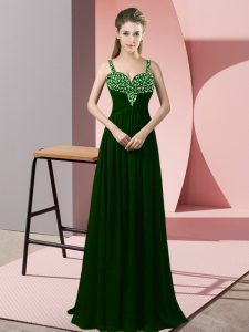 Dark Green Chiffon Zipper Straps Sleeveless Floor Length Prom Dresses Beading