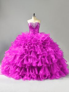 Sleeveless Organza Floor Length Lace Up Sweet 16 Quinceanera Dress in Purple with Beading and Ruffles and Sequins