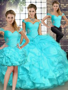 Aqua Blue Organza Lace Up Sweet 16 Quinceanera Dress Sleeveless Floor Length Beading and Ruffles