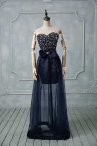 Navy Blue Empire Tulle Sweetheart Sleeveless Beading and Bowknot Floor Length Lace Up Dress for Prom