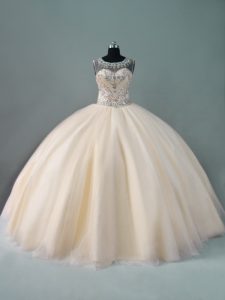 Tulle Scoop Sleeveless Zipper Beading Sweet 16 Quinceanera Dress in Champagne