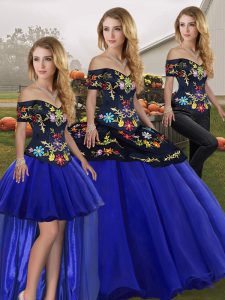 Deluxe Sleeveless Floor Length Embroidery Lace Up 15th Birthday Dress with Royal Blue