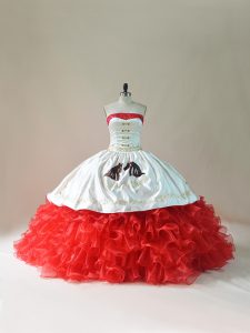 Classical Strapless Sleeveless Satin and Organza Sweet 16 Dresses Embroidery and Ruffles Brush Train Lace Up