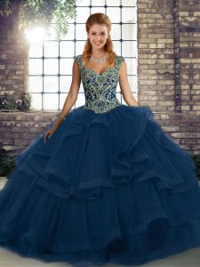 Ball Gowns Quinceanera Gowns Blue Straps Tulle Sleeveless Floor Length Lace Up
