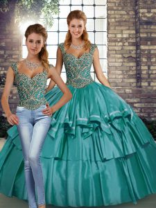 Teal Sleeveless Taffeta Lace Up Sweet 16 Quinceanera Dress for Military Ball and Sweet 16 and Quinceanera